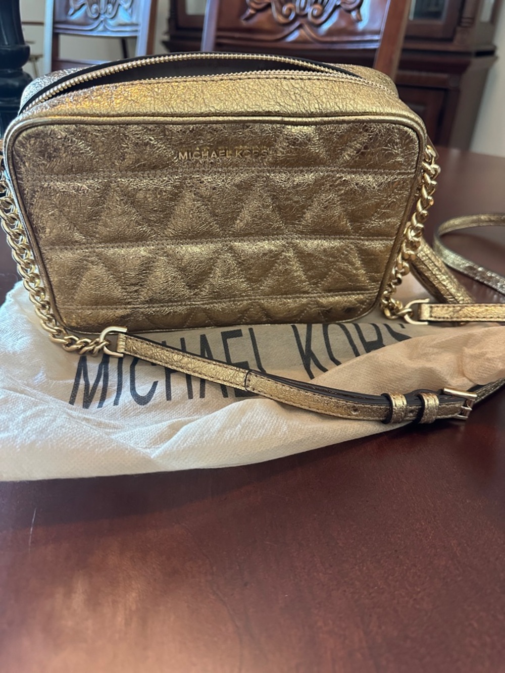 Michael Kors Metallic Gold Quilted Crossbody Camera Bag